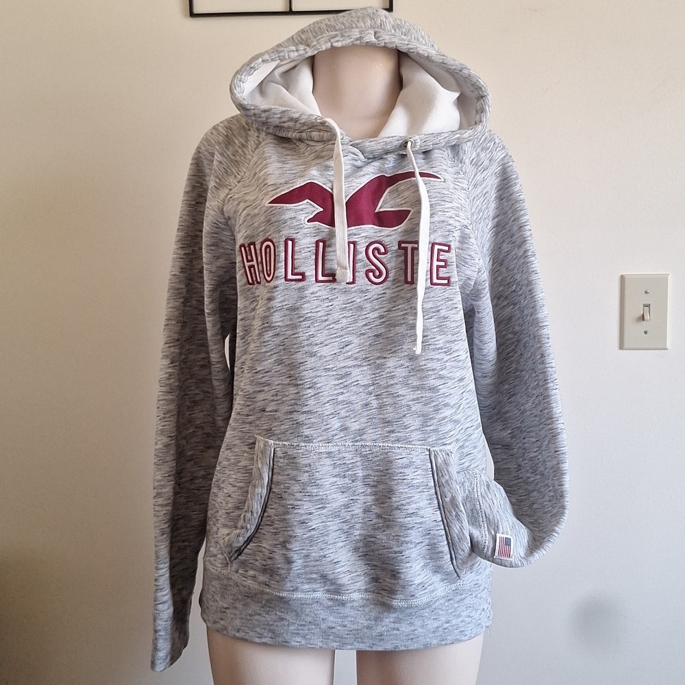 ​Hollister Grey Heathered Logo Hoodie Maroon Seagull Pullover Sweatshirt Size M